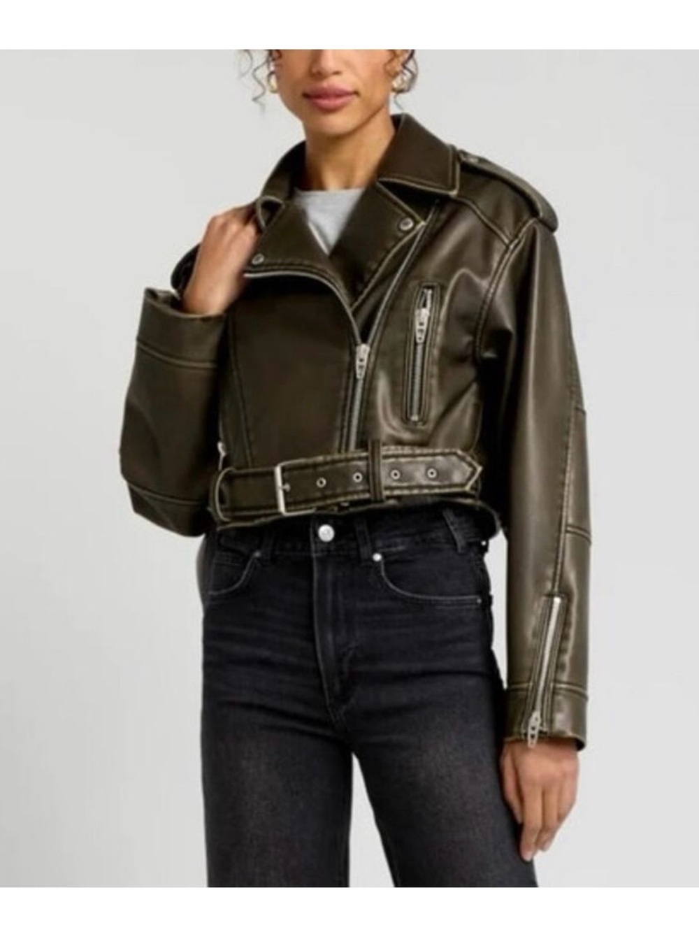 Nordstrom/BLANKNYC Olive Faux Leather Belted Moto Biker Jacket XS
